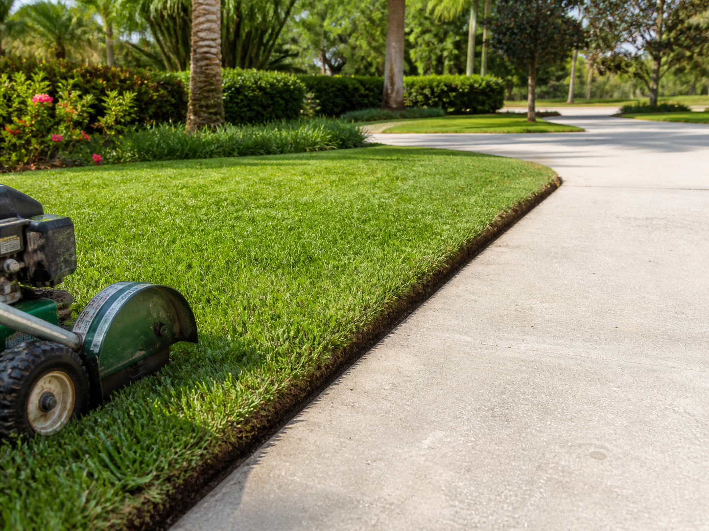 Crisp lawn edge beside a concrete driveway