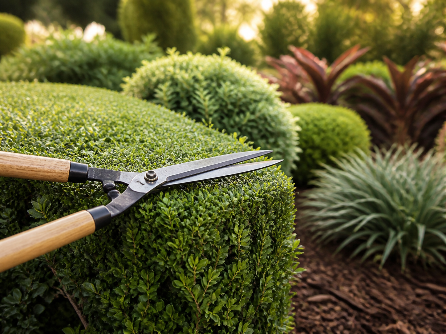 Hedge shears trimming a green shrub