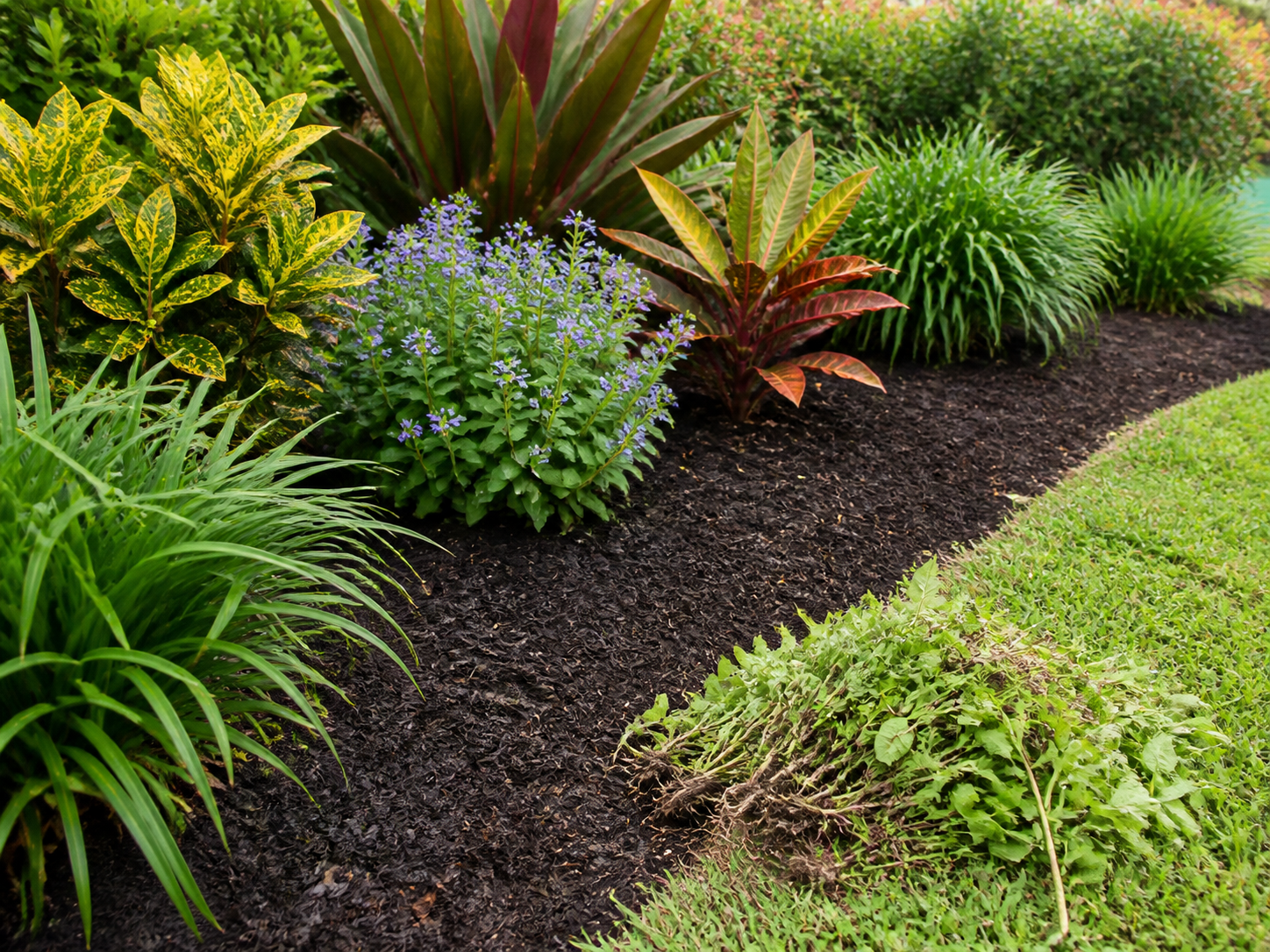 Freshly weeded garden bed with removed weeds
